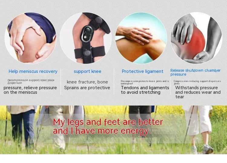 Black anterior ligament knee support brace showing composite construction with iron and cloth materials.