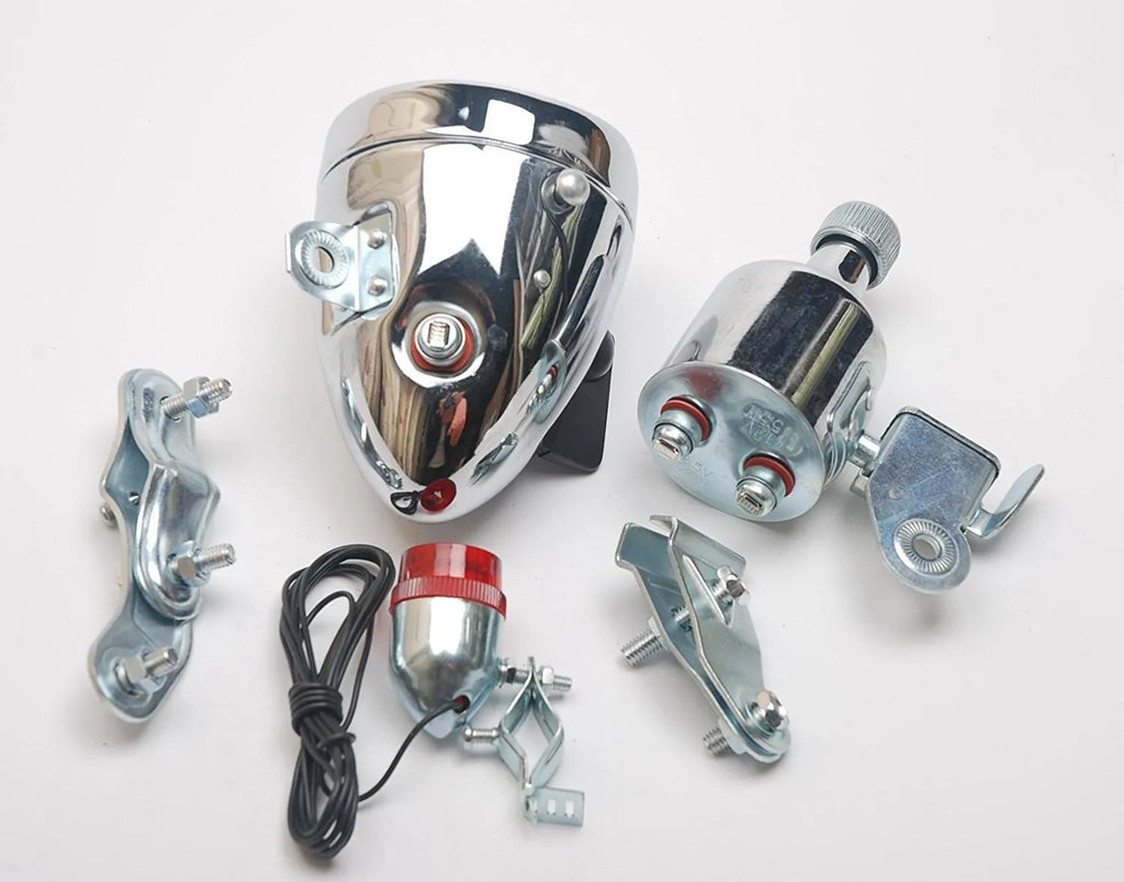 Silver bicycle generator light modification kit with dynamo and wiring for headlight and tail light connections