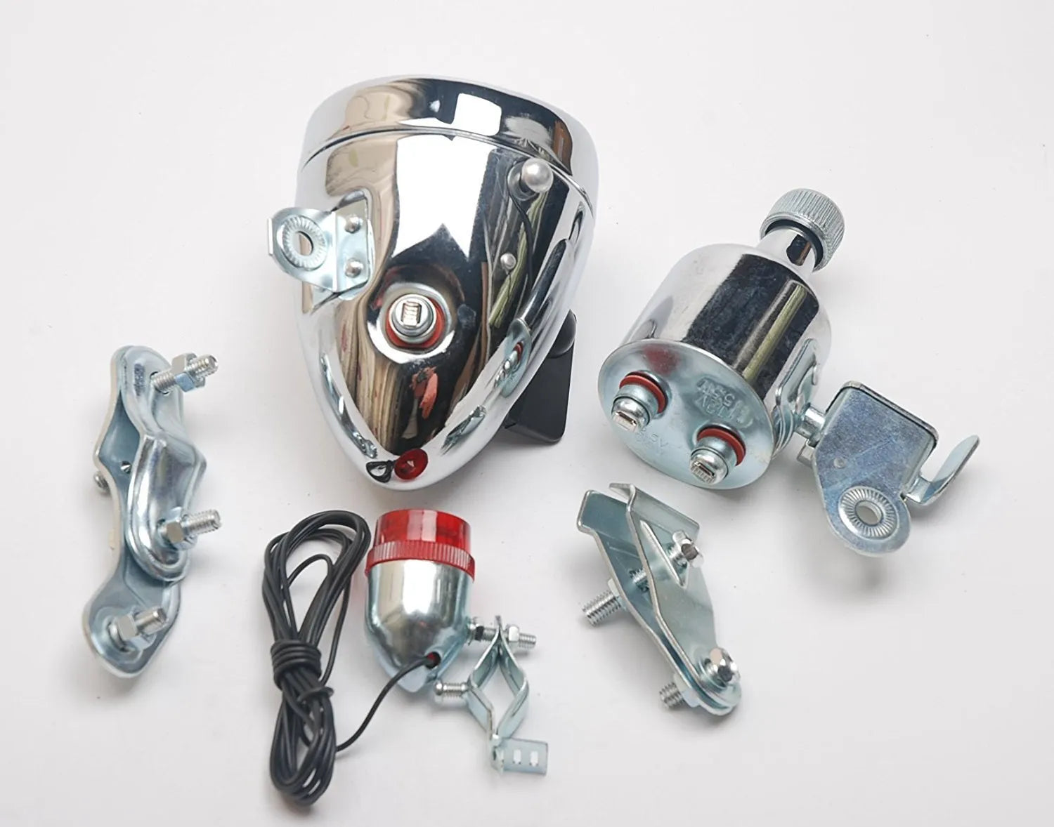 Silver bicycle generator light modification kit with dynamo and wiring for headlight and tail light connections