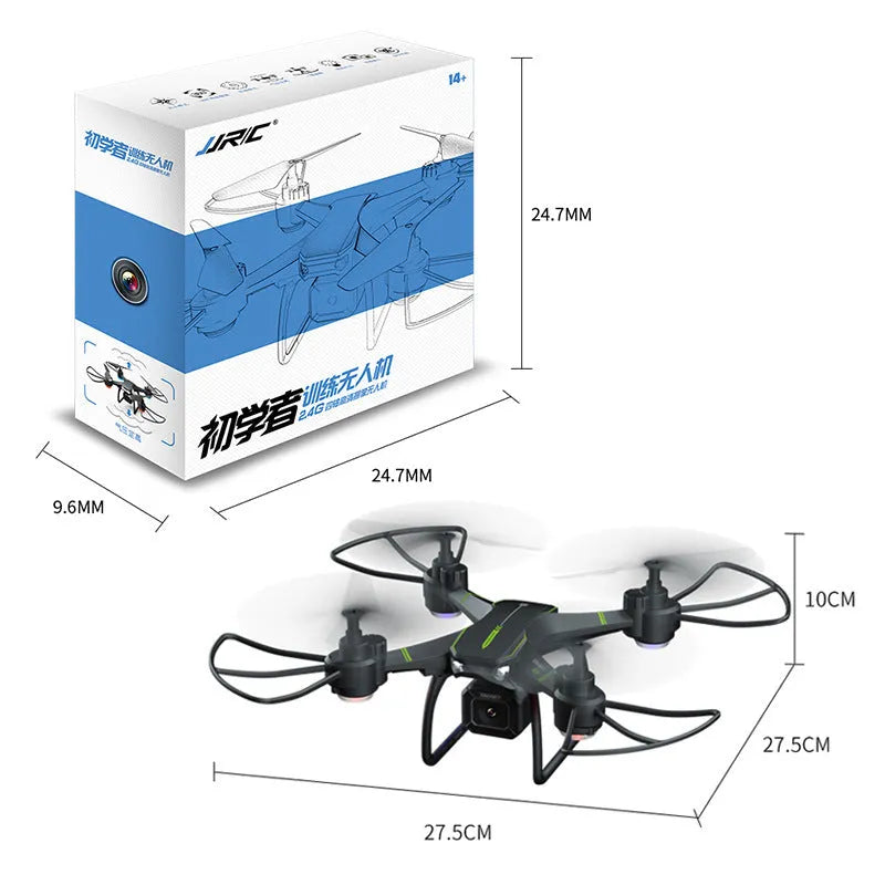 Blue third-order remote control drone with 4K dual camera, protective frame, and spare blades on grass