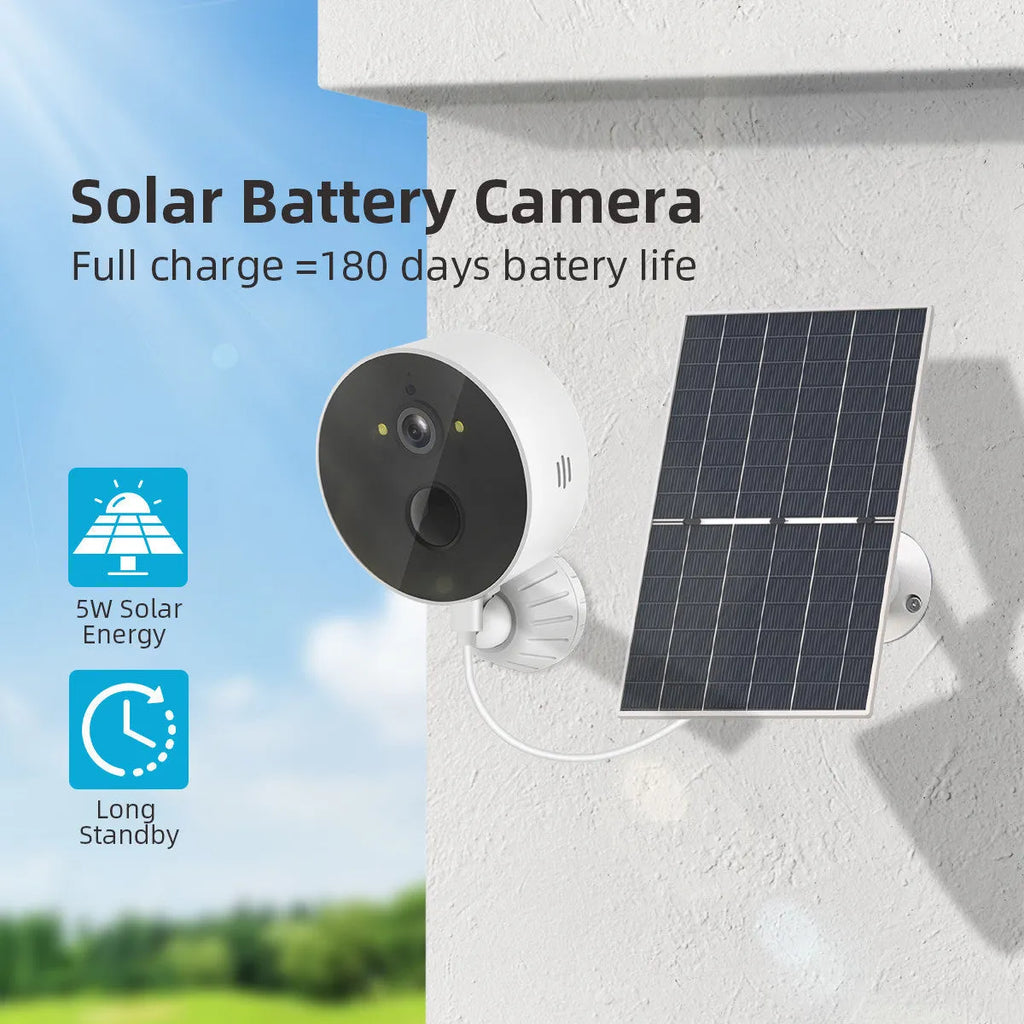 Solar powered outdoor security camera with solar panel for garden and property monitoring