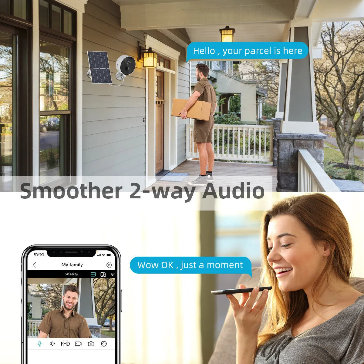 Solar powered outdoor security camera with solar panel for garden and property monitoring