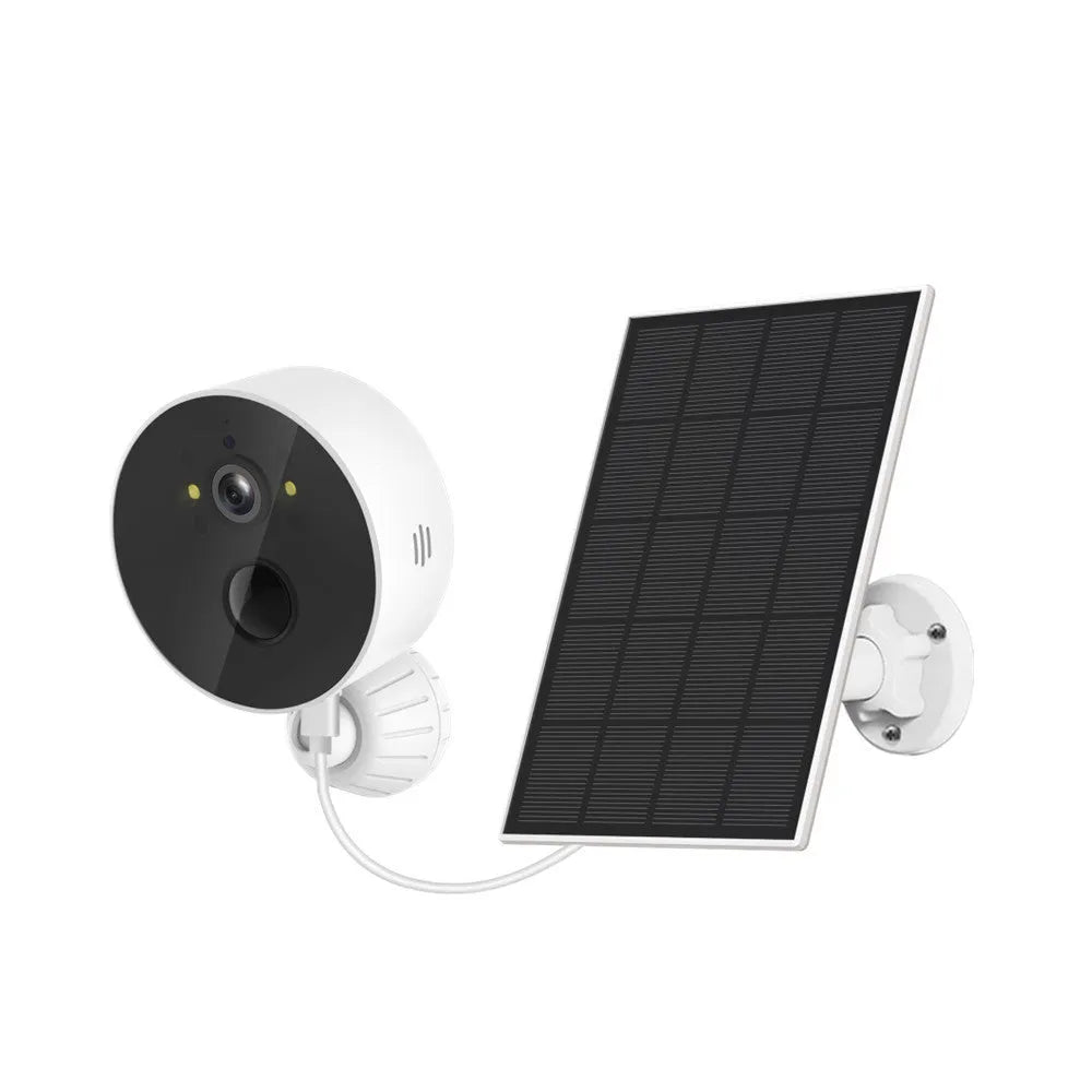 Solar powered outdoor security camera with solar panel for garden and property monitoring