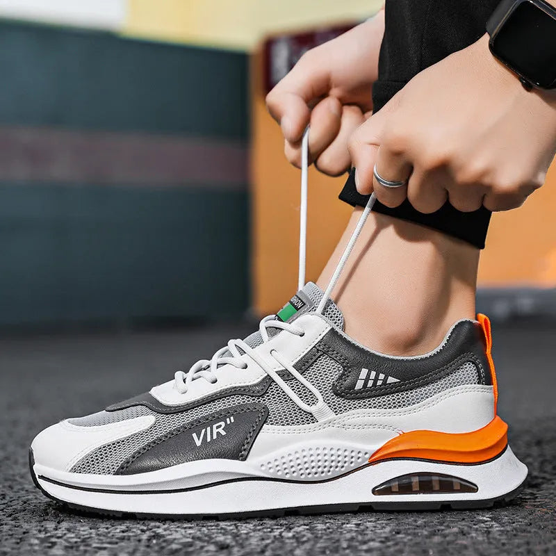 Men's grey mesh running shoes with breathable upper and lightweight EVA sole for jogging