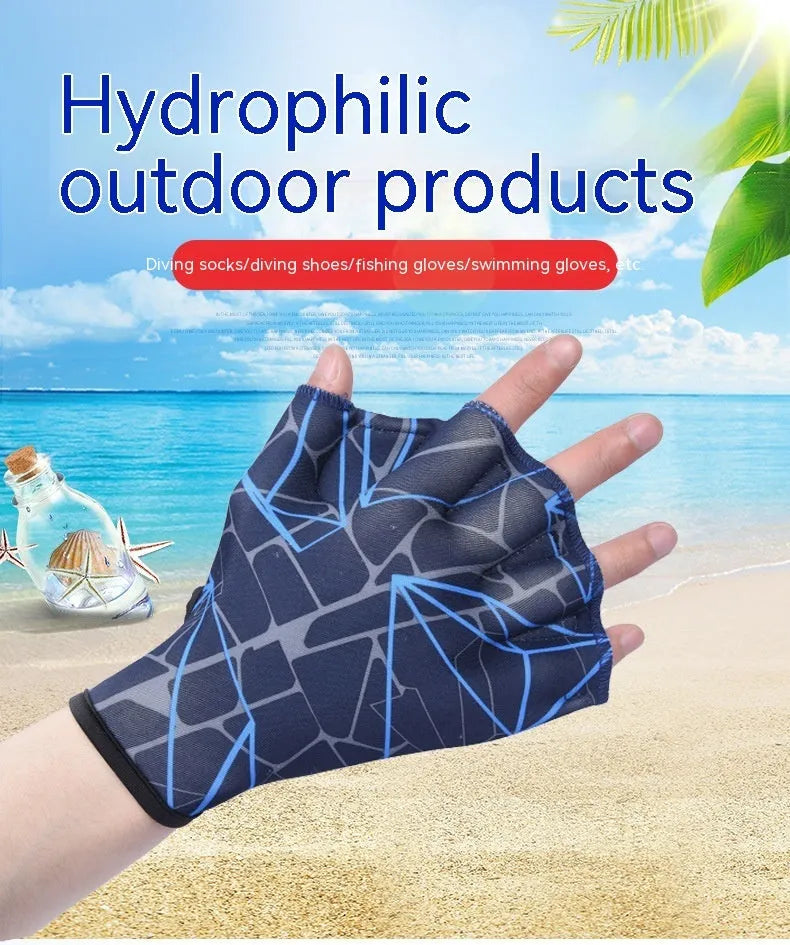 Nylon duck feet webbed swimming gloves in green print on a white background