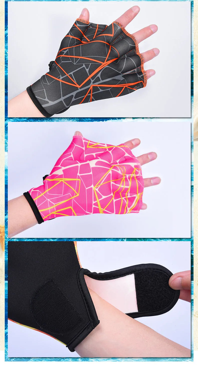 Nylon duck feet webbed swimming gloves in green print on a white background