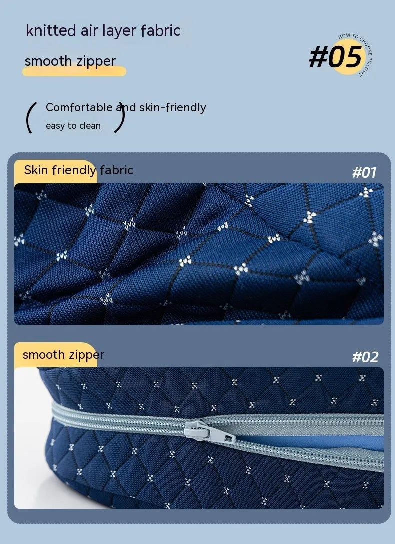 Dark blue jacquard heart-shaped memory foam leg pillow showing dimensions 25x23x13cm