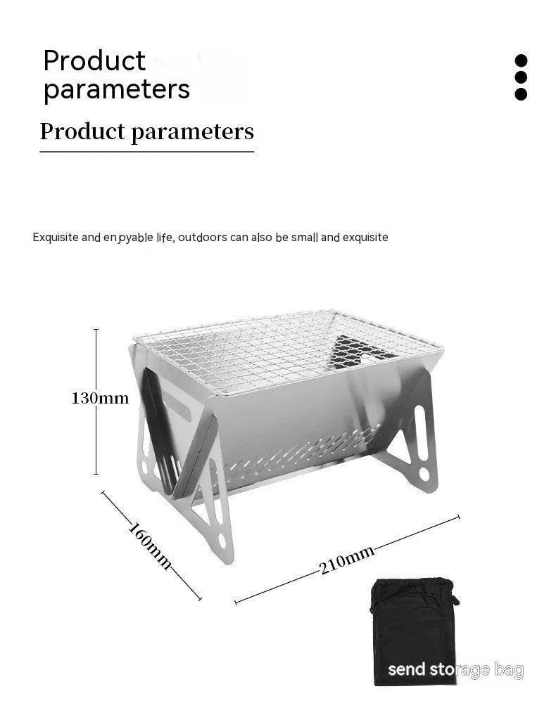 Large stainless steel folding barbecue oven for outdoor cooking, shown with its storage bag.