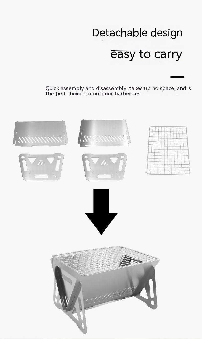 Large stainless steel folding barbecue oven for outdoor cooking, shown with its storage bag.