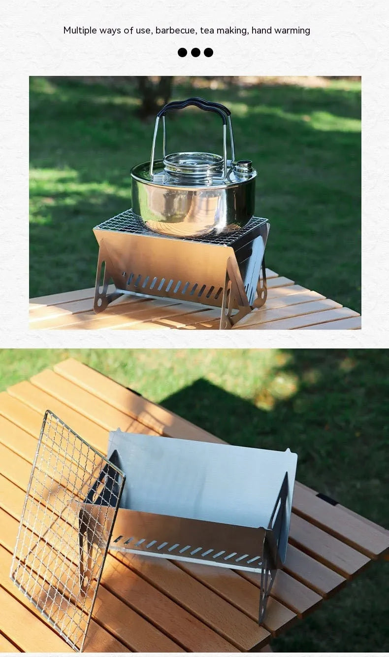 Large stainless steel folding barbecue oven for outdoor cooking, shown with its storage bag.