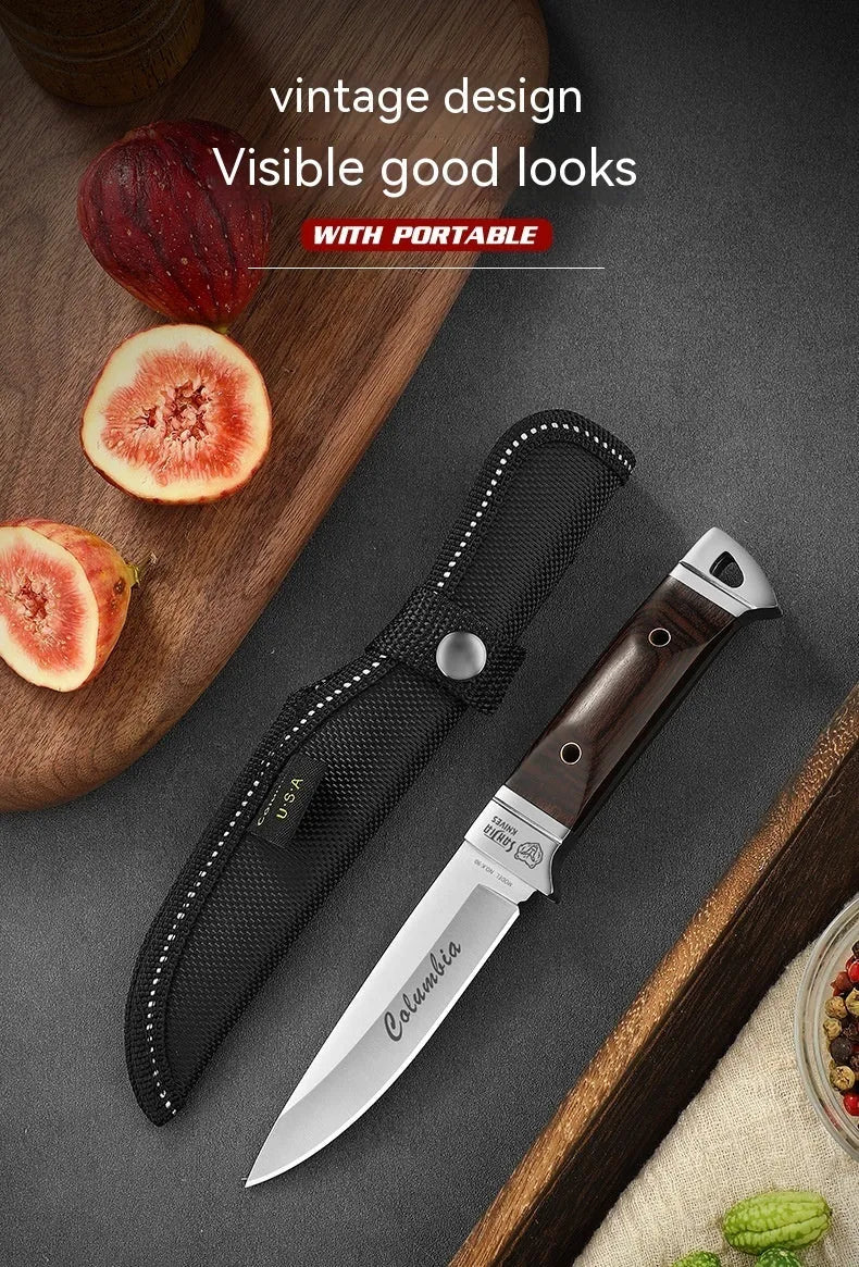 Camping multifunctional portable fruit knife with leather case showing national style design