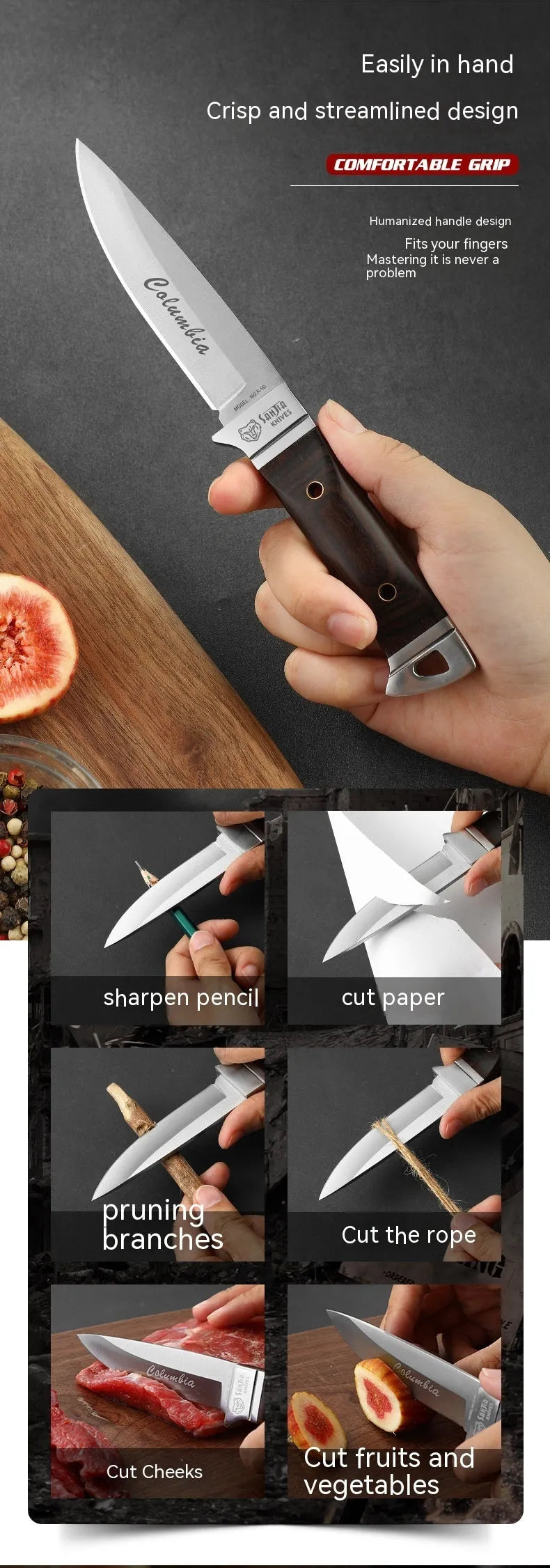 Camping multifunctional portable fruit knife with leather case showing national style design