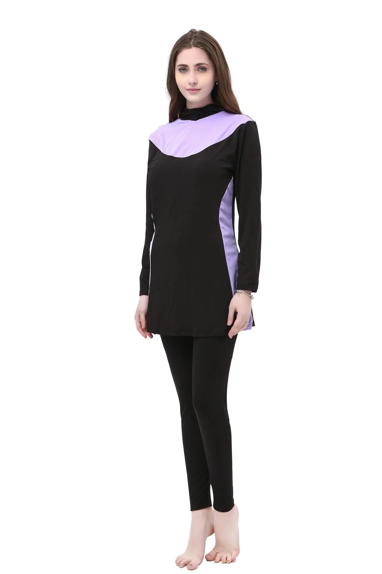 Black women's hooded long sleeve swimsuit with matching pants, shown in conservative one-piece style.