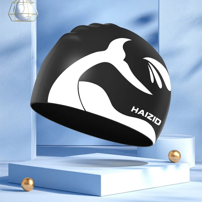 Silicone swimming cap with whale tail pattern and waterproof ear protectors in various colours