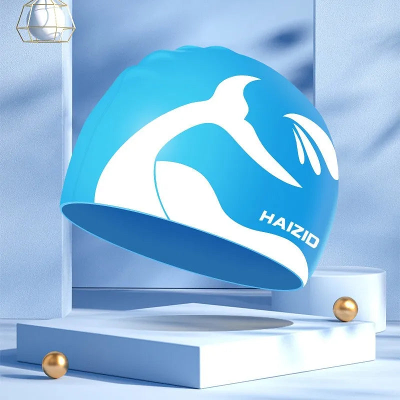 Silicone swimming cap with whale tail pattern and waterproof ear protectors in various colours