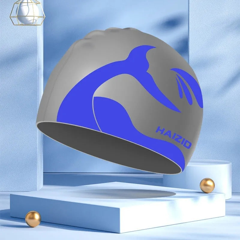 Silicone swimming cap with whale tail pattern and waterproof ear protectors in various colours