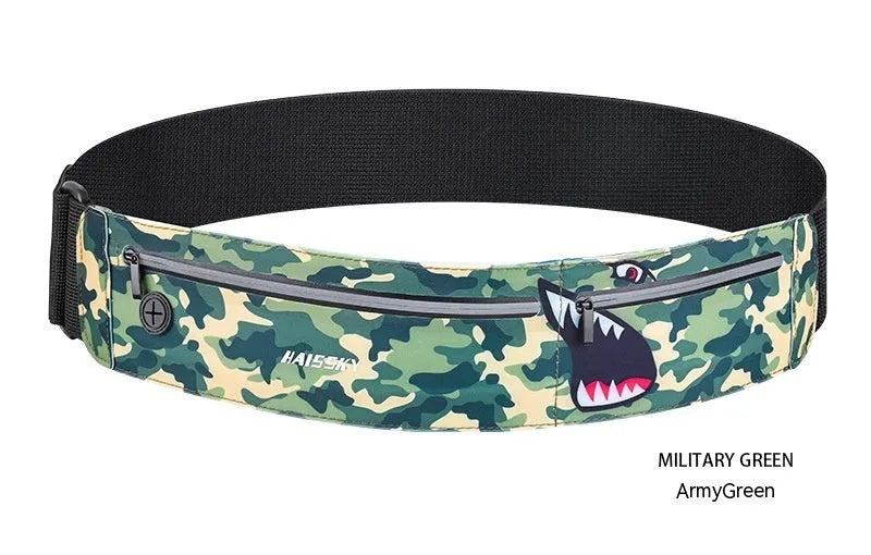 Waterproof 8-inch waist bag in classic black, heather gray, or camouflage crocodile for outdoor sports