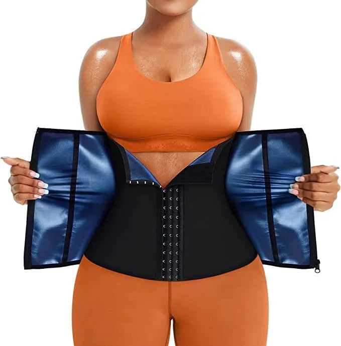 Blue adjustable neoprene sports waist belt for abdominal support shown laid flat.
