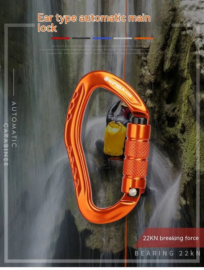 Climbing carabiner with automatic master lock in choice of five colours for rock climbing equipment