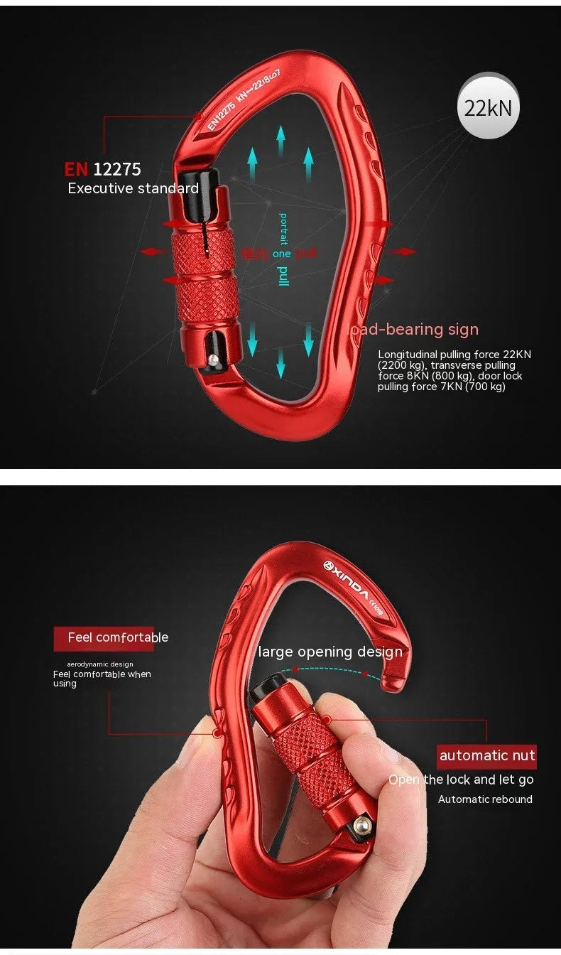 Climbing carabiner with automatic master lock in choice of five colours for rock climbing equipment