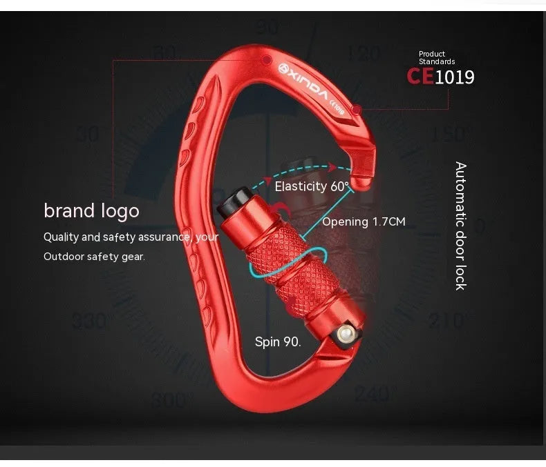 Climbing carabiner with automatic master lock in choice of five colours for rock climbing equipment