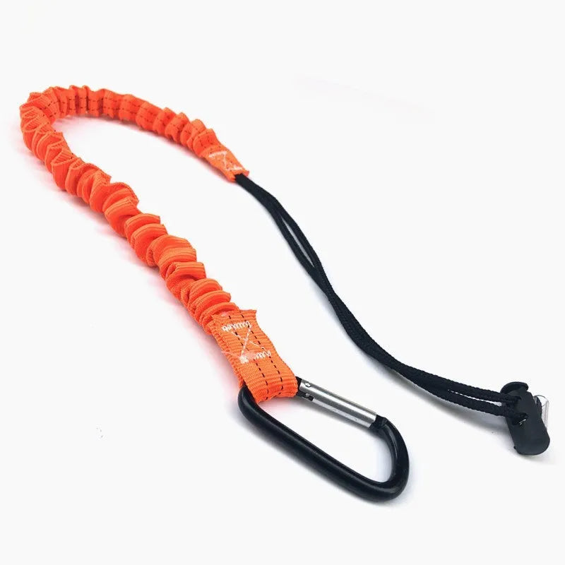 Orange fishing rod safety rope with 90cm length shown next to fishing reel