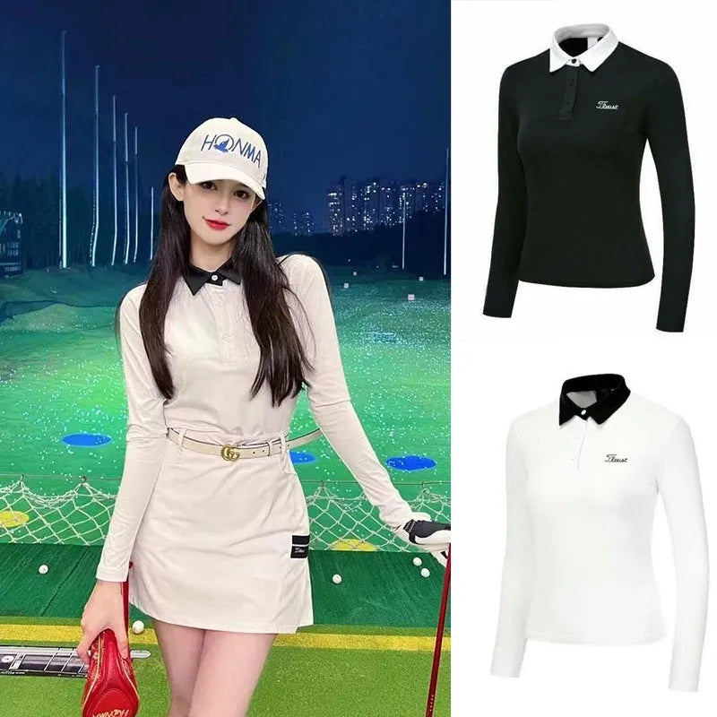 Women's long sleeve golf top in white polyester fabric for sun protection during outdoor activities