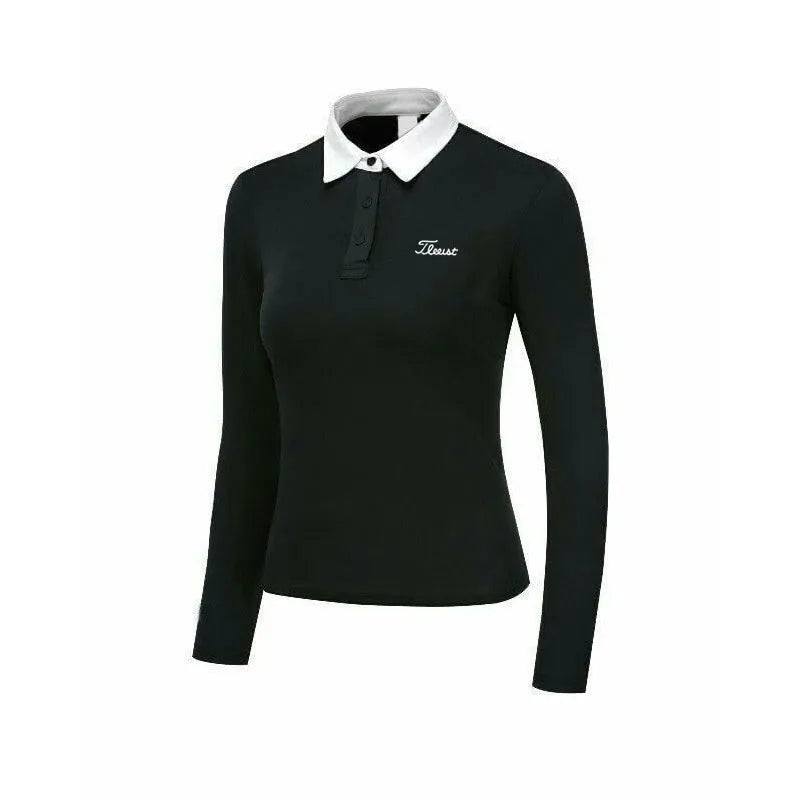 Women's long sleeve golf top in white polyester fabric for sun protection during outdoor activities