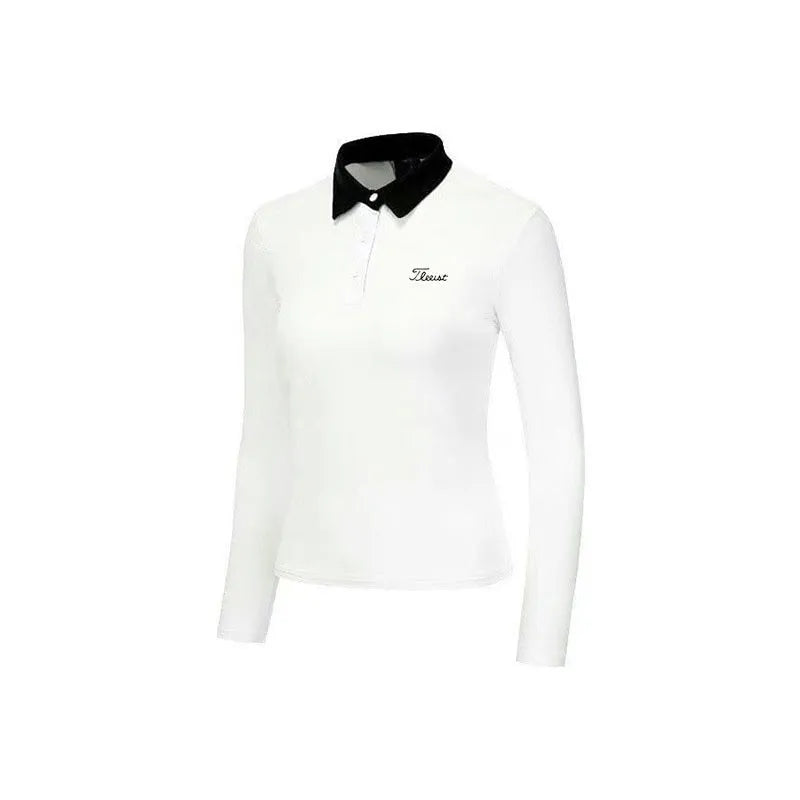 Women's long sleeve golf top in white polyester fabric for sun protection during outdoor activities