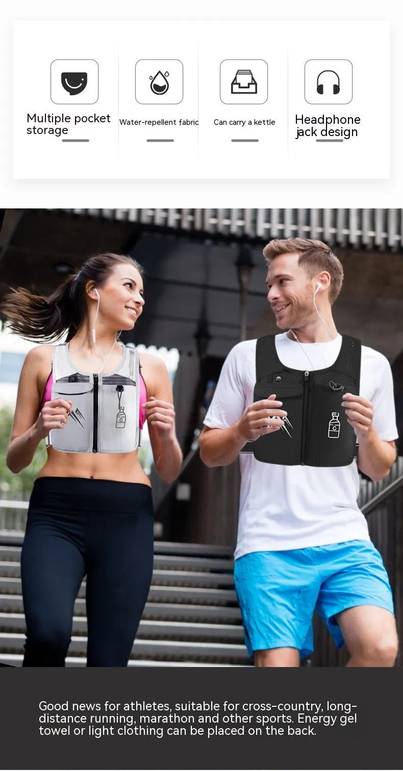 Sports running vest with integrated mobile phone pocket in breathable grey mesh fabric