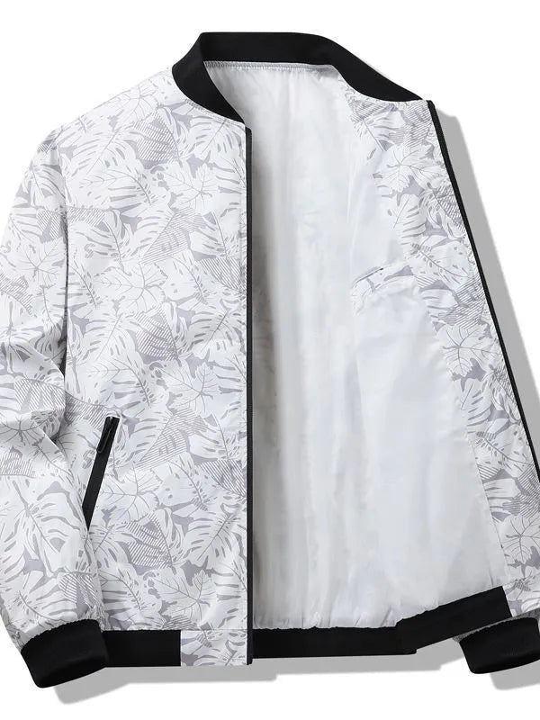 Men's autumn casual jacket with floral pattern, polyester fibre, in grey, black, white, blue, sizes M to 4XL