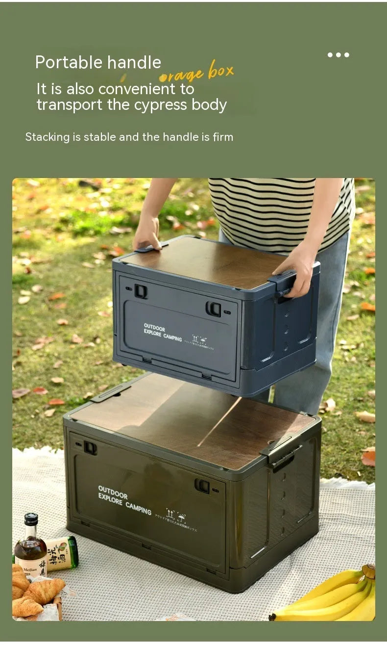 Large Nordic green foldable plastic storage box with wooden lid, 45L capacity.