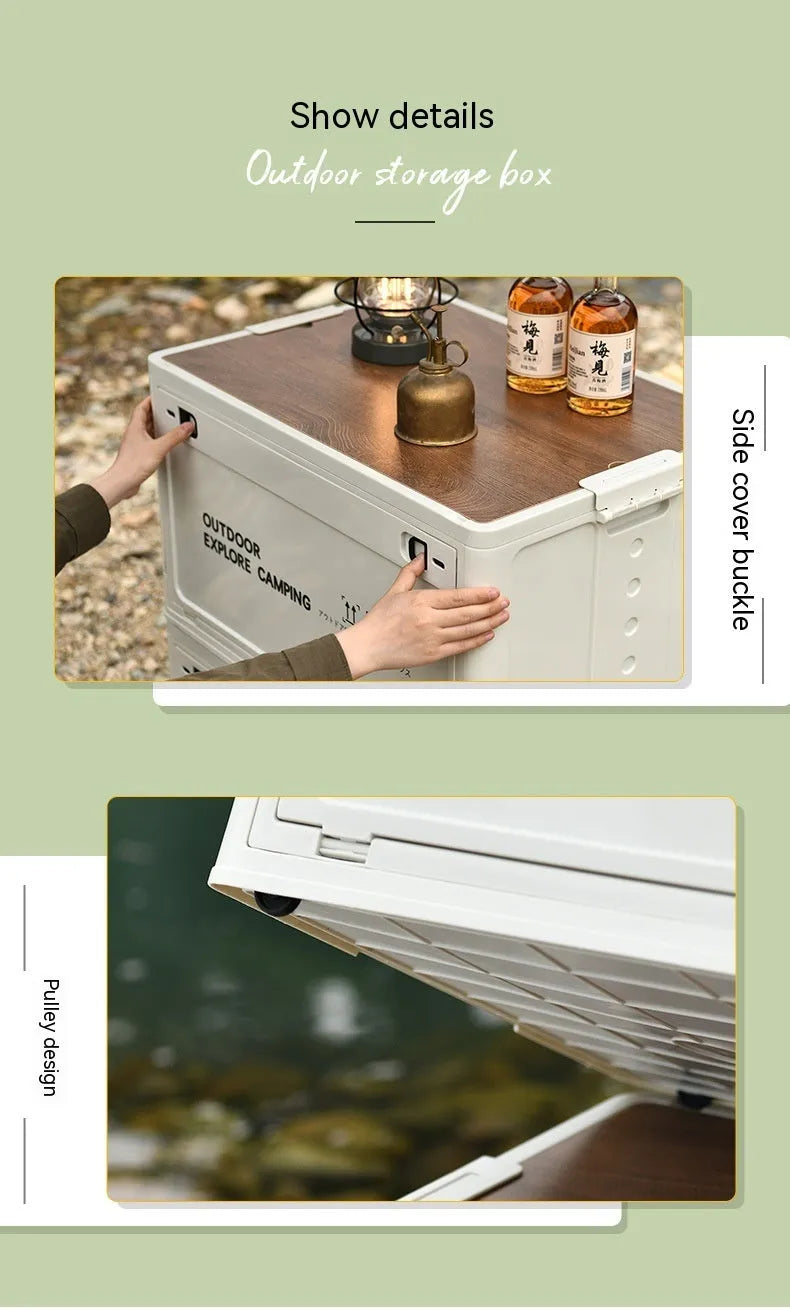 Large Nordic green foldable plastic storage box with wooden lid, 45L capacity.