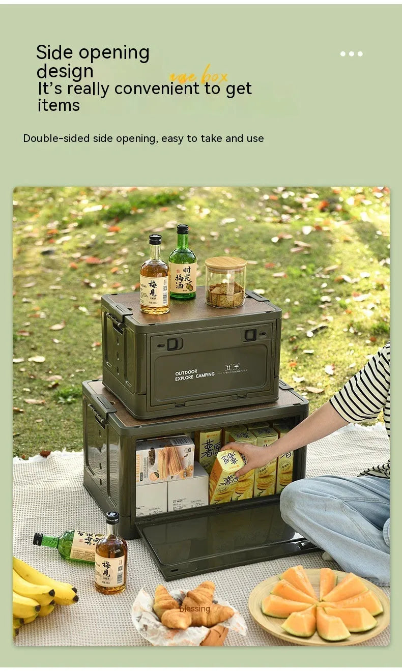 Large Nordic green foldable plastic storage box with wooden lid, 45L capacity.