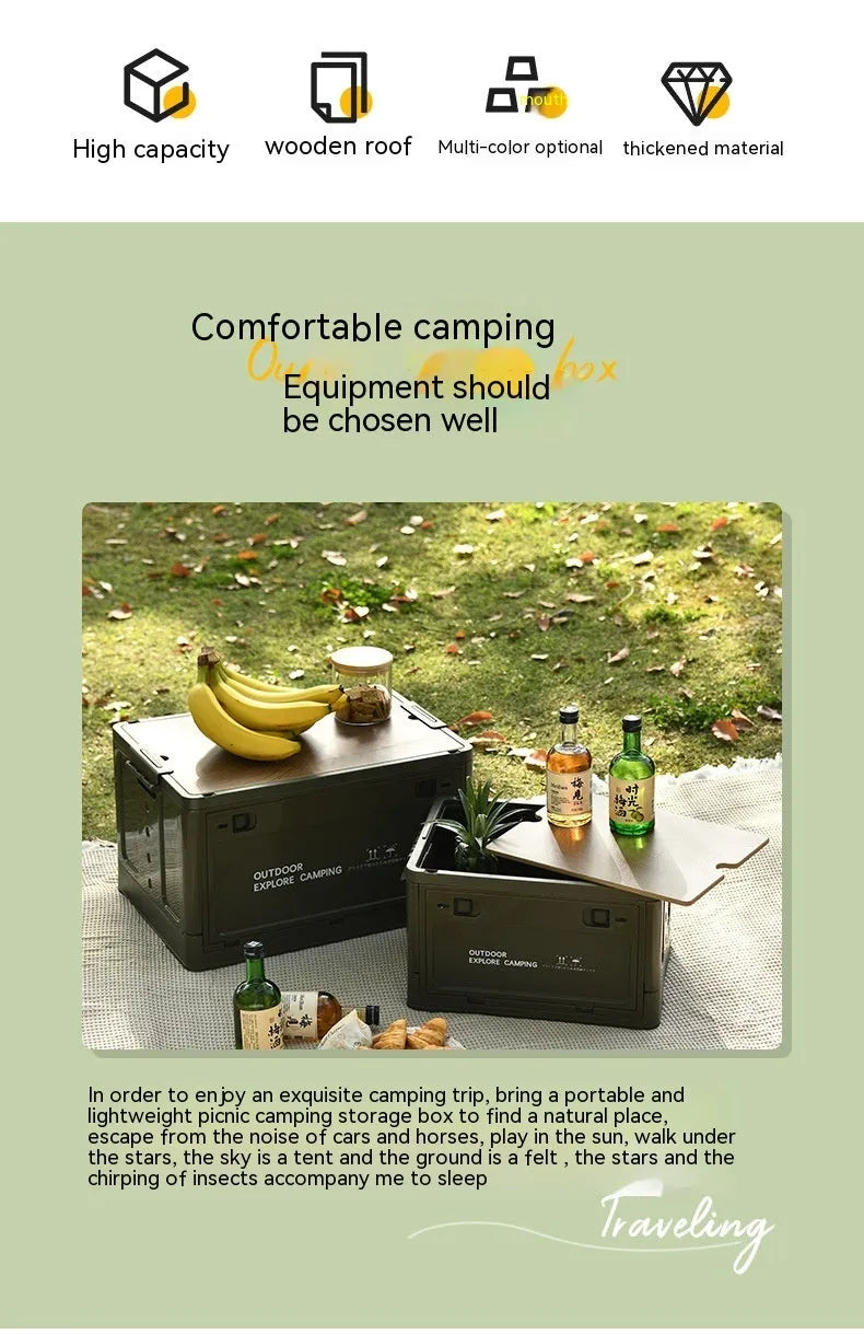 Large Nordic green foldable plastic storage box with wooden lid, 45L capacity.
