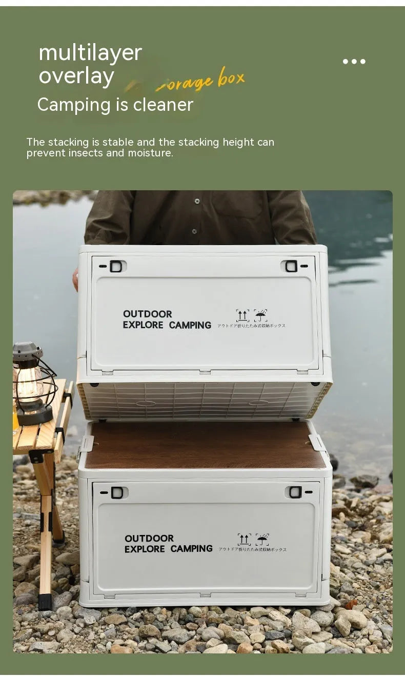 Large Nordic green foldable plastic storage box with wooden lid, 45L capacity.