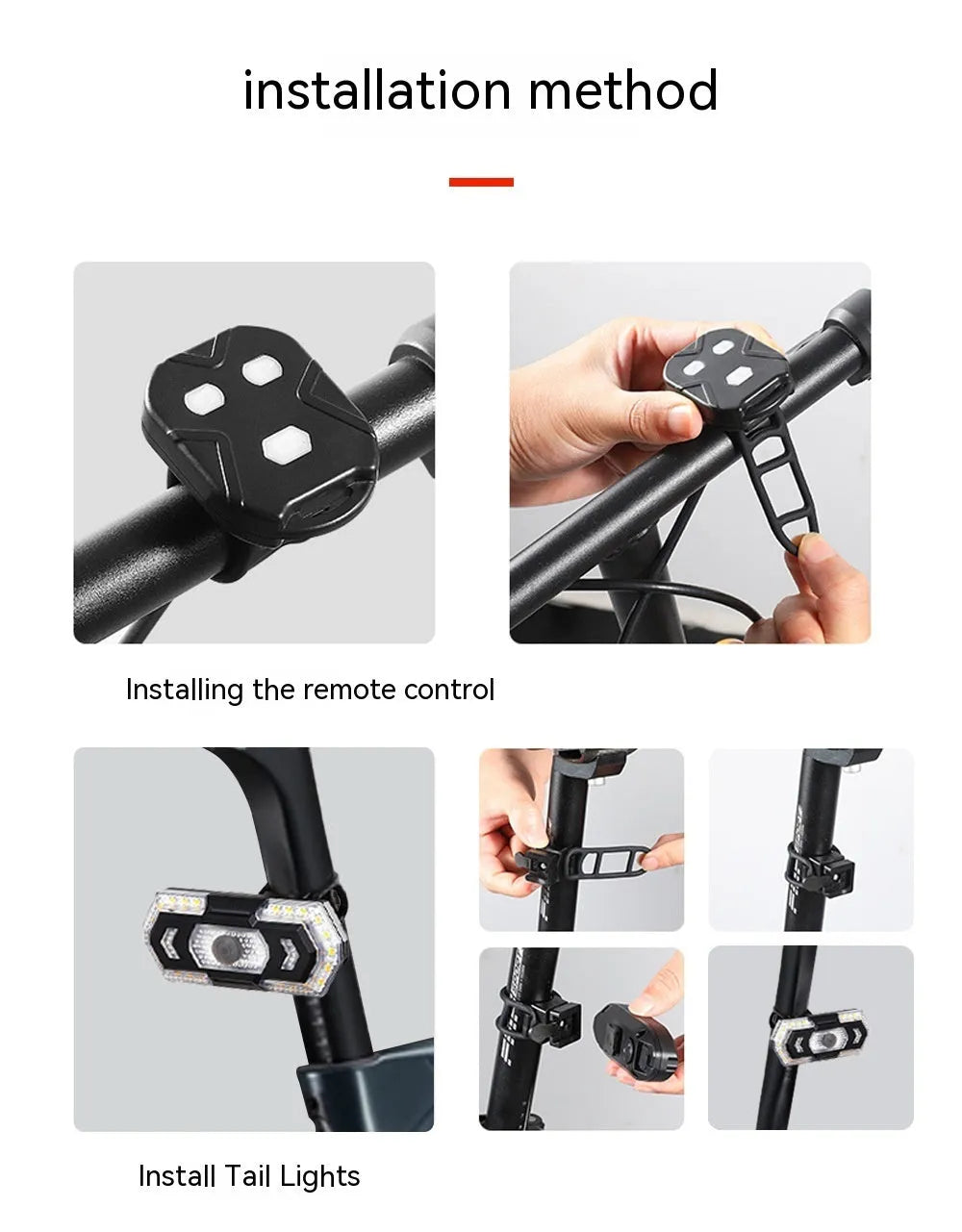 Black wireless remote control LED bicycle taillight with USB charging port