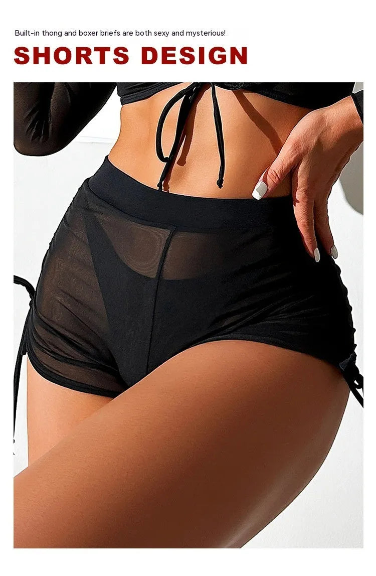 Black mesh four-piece bikini set with long sleeves for women swimming