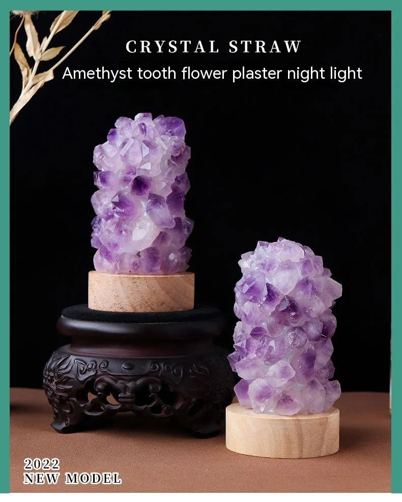 Mini amethyst tooth flower night light with USB plug-in showing purple crystal and warm glow