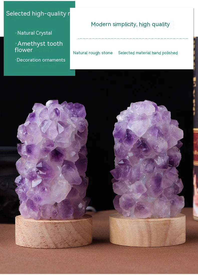 Mini amethyst tooth flower night light with USB plug-in showing purple crystal and warm glow