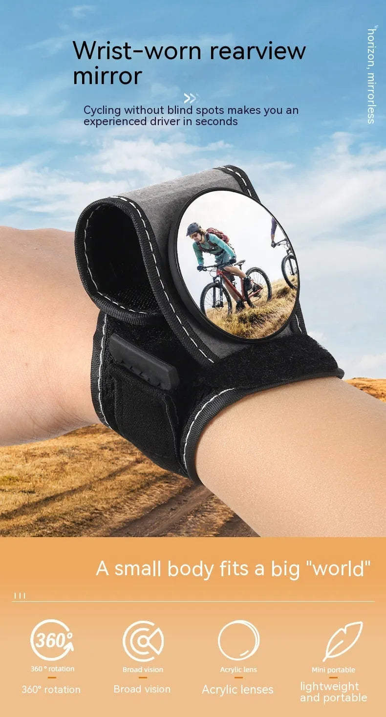 Black nylon bicycle wrist rear-view mirror for cycling safety without handlebar mounting