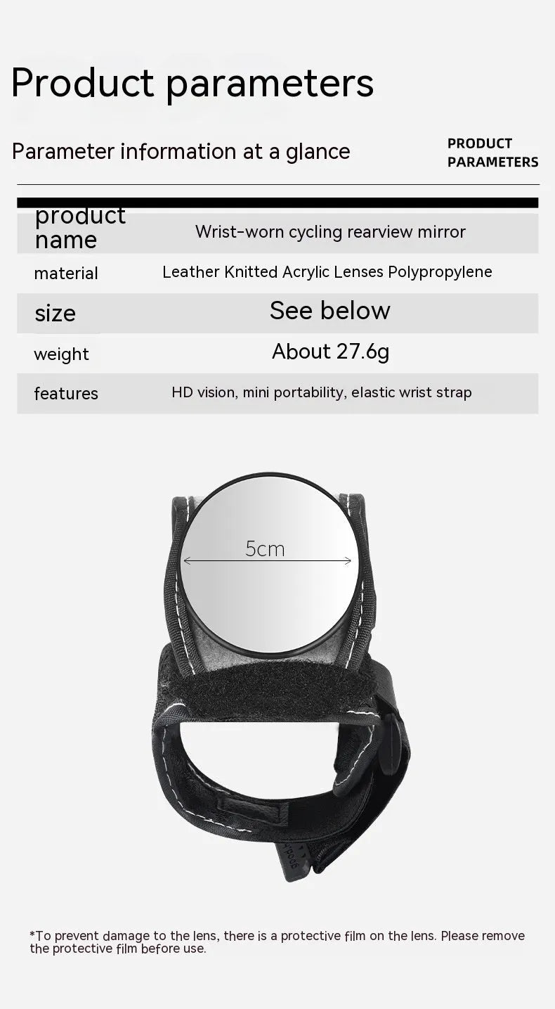Black nylon bicycle wrist rear-view mirror for cycling safety without handlebar mounting