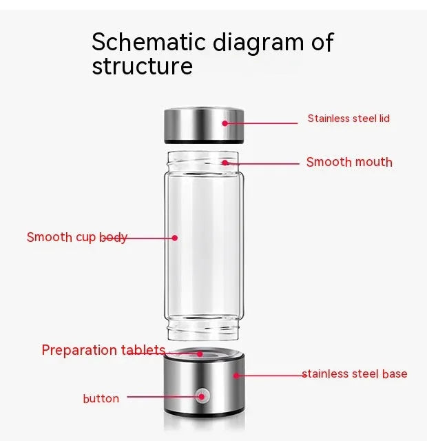 Hydrogen water bottle in silver with electric base, borosilicate glass body, 21.5cm tall, 401-500ml capacity