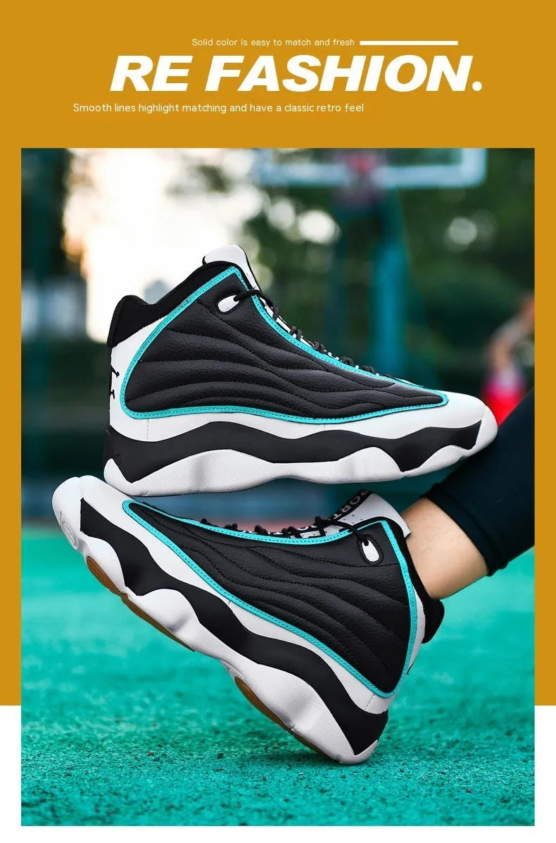Men's high-top basketball shoes with thick rubber sole and mesh upper in AJ13 colour options