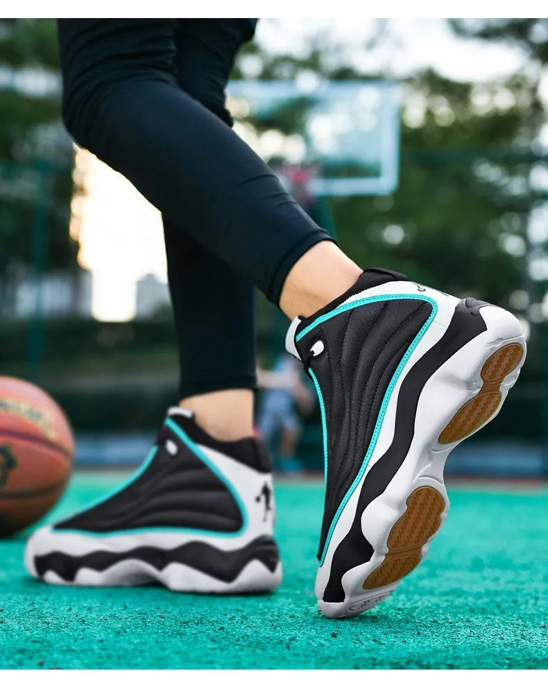 Men's high-top basketball shoes with thick rubber sole and mesh upper in AJ13 colour options