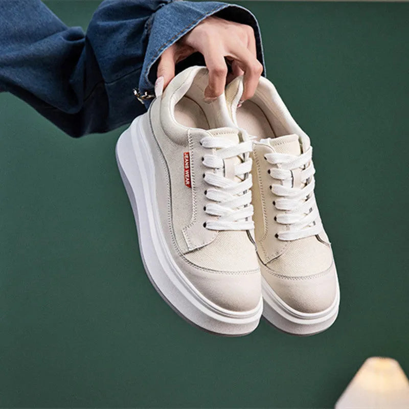 Women's thick-soled leather board shoes in pink and beige colours for height increase