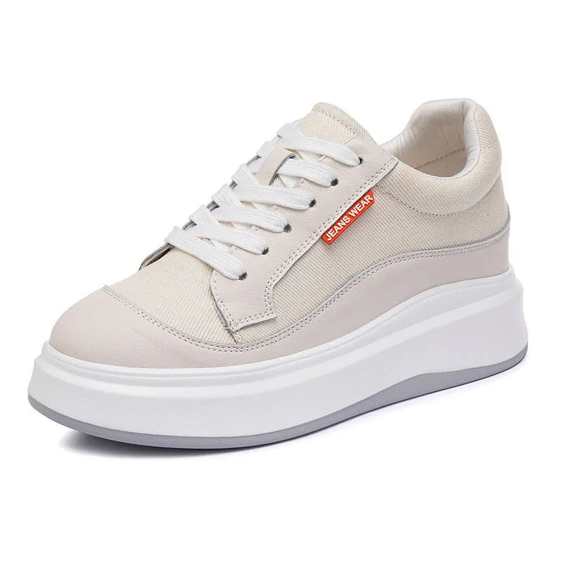 Women's thick-soled leather board shoes in pink and beige colours for height increase