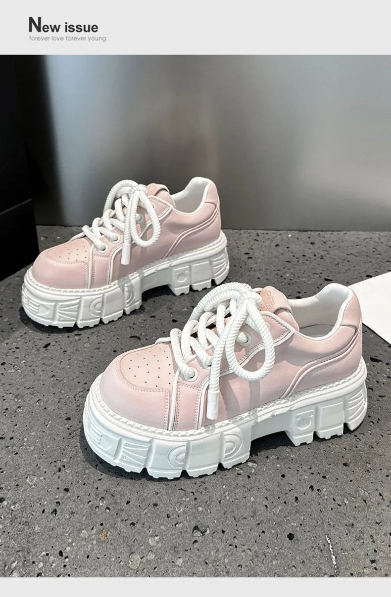 Beige and pink leather casual shoes with solid-colour design and height-increasing construction