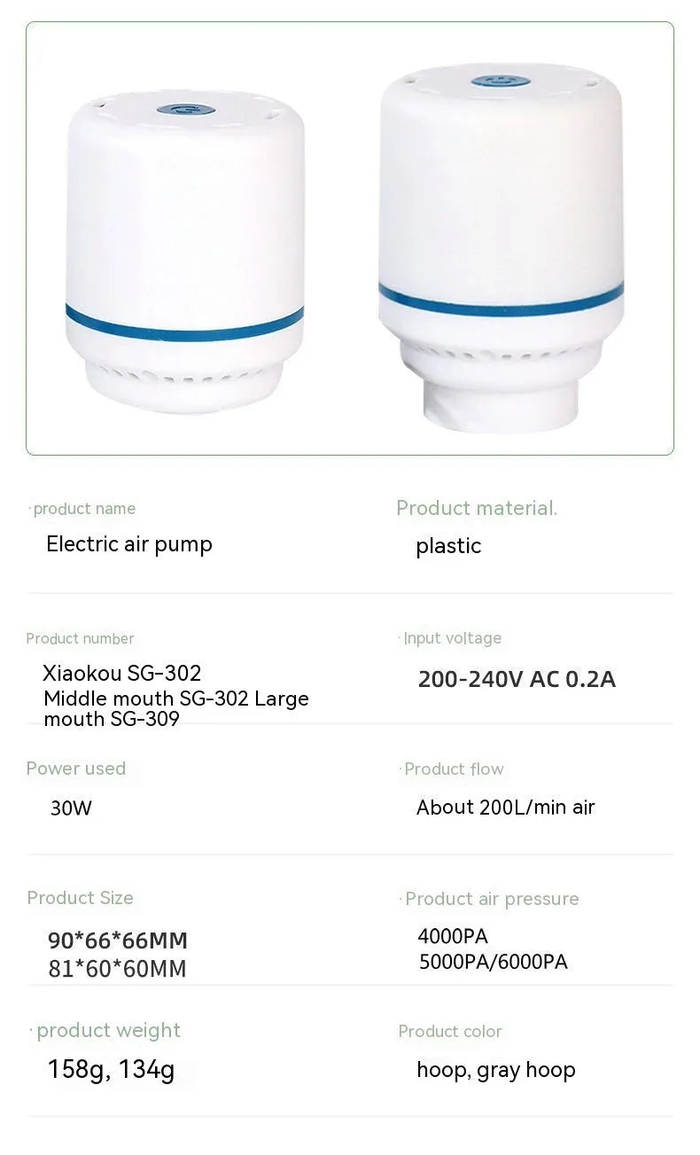 White plastic buggy bag vacuum electric suction device with 32mm nozzle for air removal