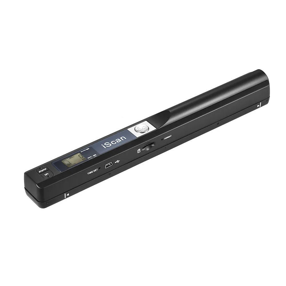 A handheld plastic scanner in silver, with a USB cable connected, on a desk next to documents.